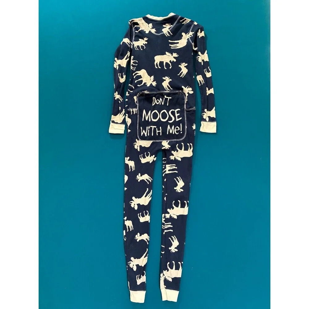 Lazy One Moose Print One-Piece Footless Pajamas Size 12 Drop Seat Jumpsuit